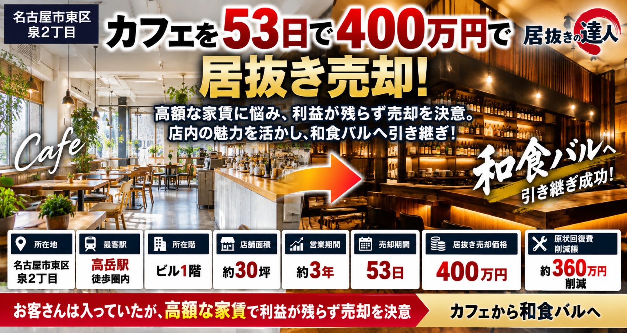 【成約事例】名古屋市東区泉2丁目のカフェを53日・400万円で居抜き売却｜高額家賃に悩んだ30坪店舗・原状回復費360万円を削減 1